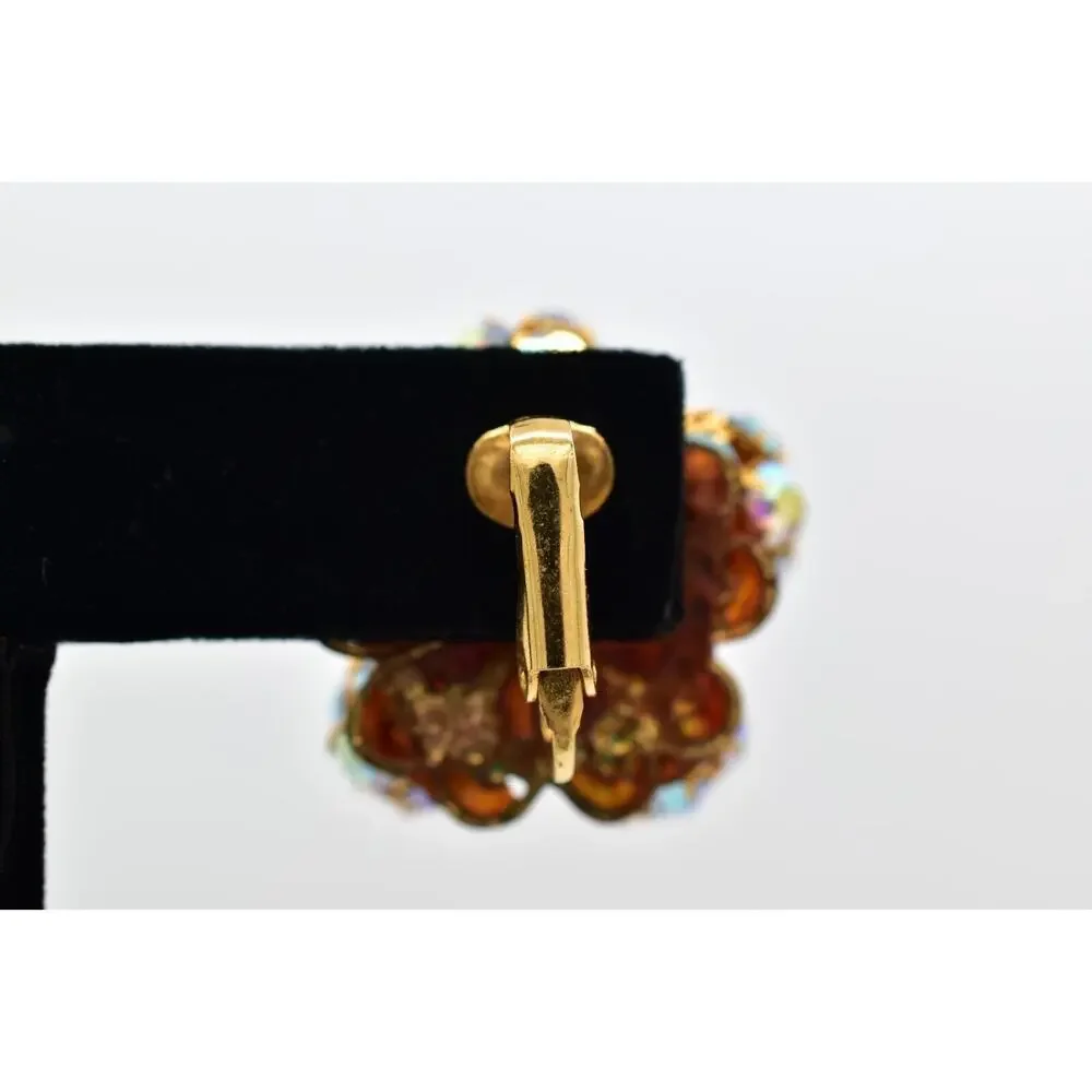 Vintage Crystal Clip On Earrings Aurora Borealis Prong Ball Flower 1950s BinBK